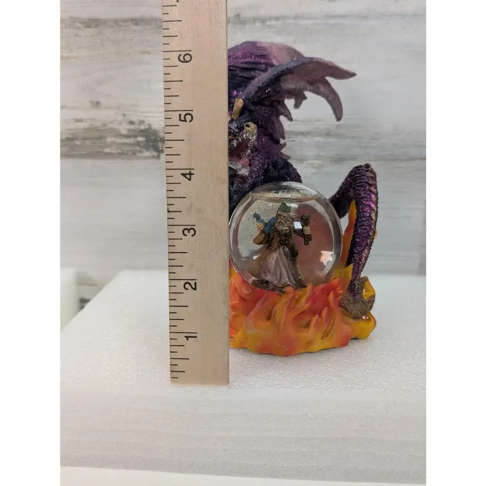 Purple Dragon Wizard Crystal Ball Resin Figurine Statue Fantasy Flames Glitter‎